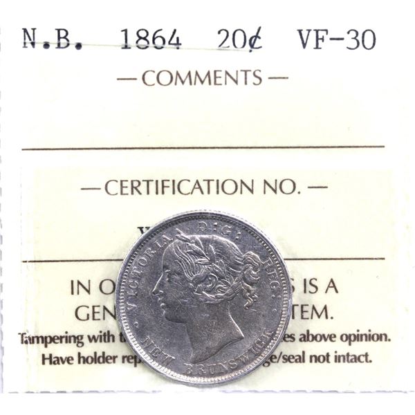 New Brunswick 20-cent 1864 ICCS Certified VF-30. A nice mid-grade coin.