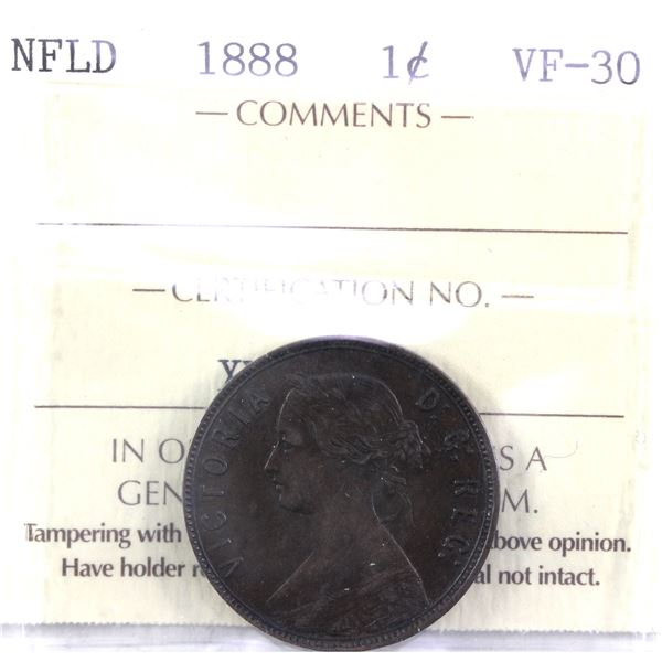 Newfoundland 1-cent 1888 ICCS Certified VF-30. Nice Attractive chocolate brown tones.