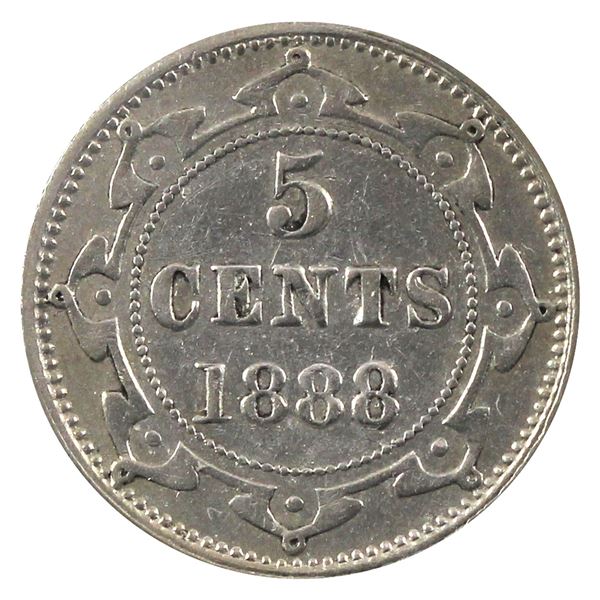 Newfoundland 5-cent 1888 Obv. 3  Extra Fine Condition.