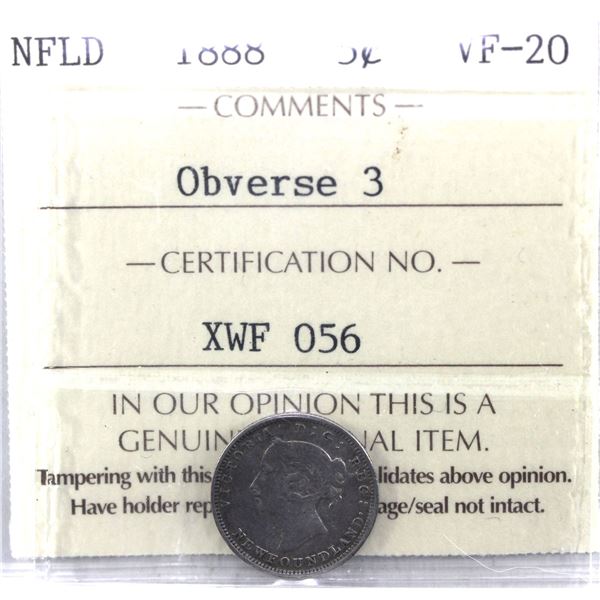 Newfoundland 5-cent 1888 Obv. 3 ICCS Certified VF-20.