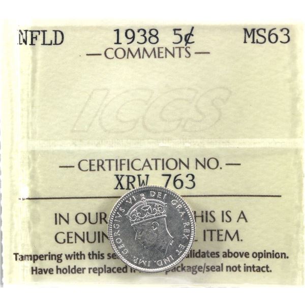 Newfoundland 5-cent 1938 ICCS Certified MS-63!