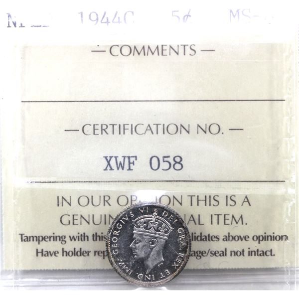 Newfoundland 5-cent 1944C ICCS Certified MS-63 Cameo.