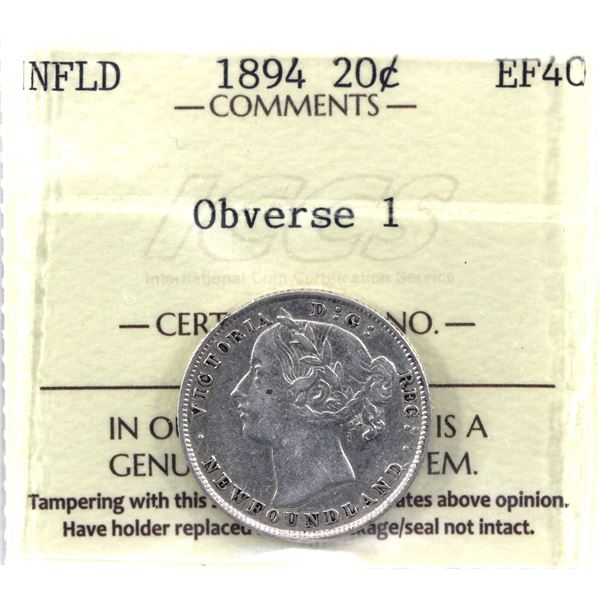 Newfoundland 20-cent 1894 Obv.1 ICCS Certified EF-40