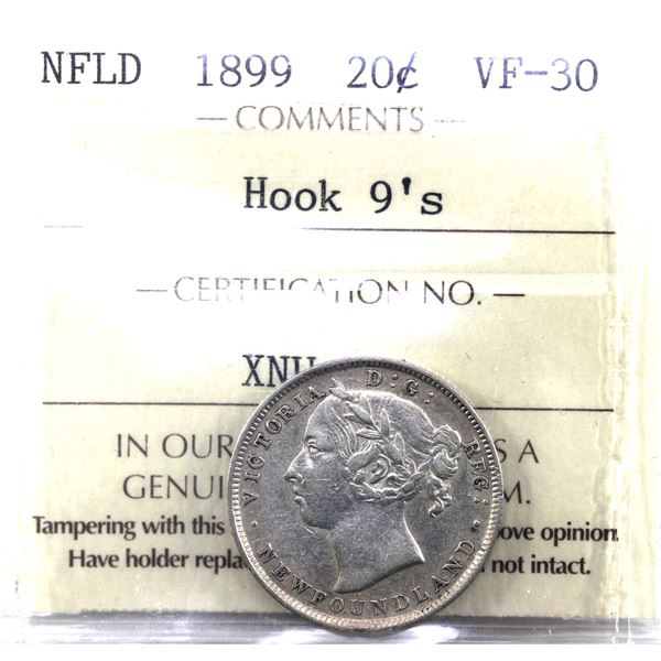 Newfoundland 20-cent 1899 Hook 9's ICCS Certified VF-30.