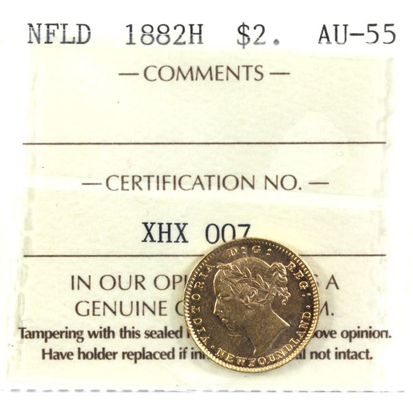 Newfoundland $2 Gold 1882H ICCS Certified AU-55!