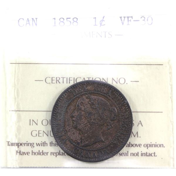 1-cent 1858 ICCS Certified VF-30.