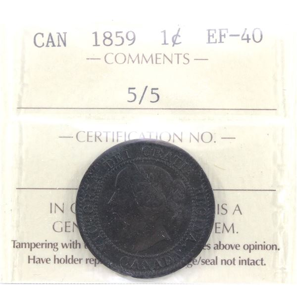 1-cent 1859 5/5 ICCS Certified EF-40.