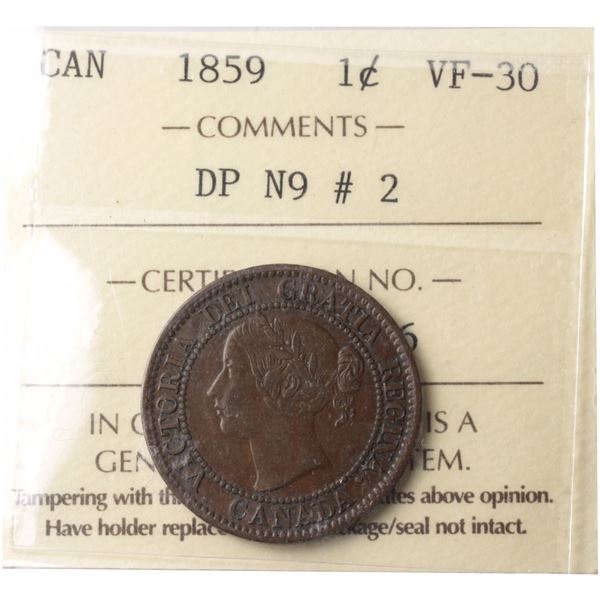 1-cent 1859 DP N9 #2 ICCS Certified VF-30. A deep chocolate brown.