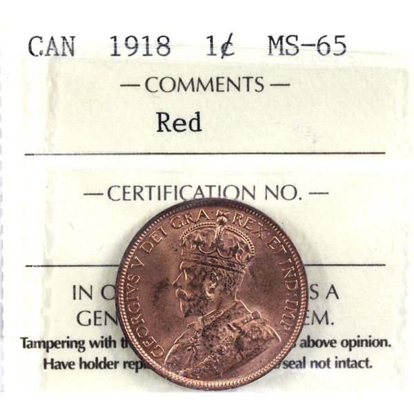 1-cent 1918  ICCS Certified MS-65 RED!  Nice consistent colours throughout.