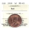 Image 1 : 1-cent 1918  ICCS Certified MS-65 RED!  Nice consistent colours throughout.