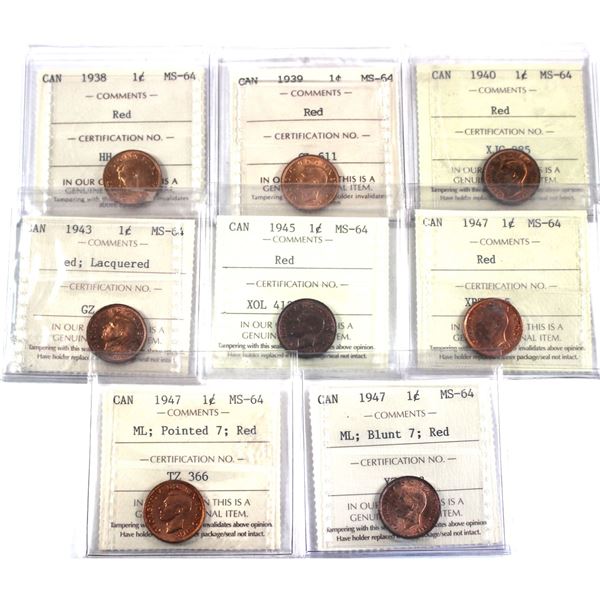 1-cent 1938,1939,1940,1943 Lacquered, 1945,1947,1947 Maple Leaf Ptd 7 & 1947 Maple lead Blunt 7 ICCS