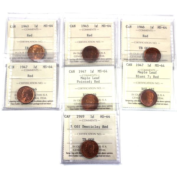 1-cent 1940, 1945,1946,1947,1947 ML Ptd, 1947 ML Blunt 7 & 1949 A off Denticle ICCS Certified MS-64.