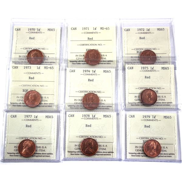 1-cent 1970-1975,1977,1978 & 1979 ICCS Certified MS-65. 9pcs