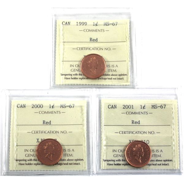 1-cent 1999, 2000 & 2001 ICCS Certified MS-67. 3pcs