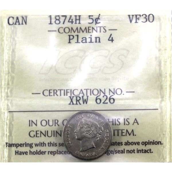 5-cent 1874H Plain 4 ICCS Certified VF-30