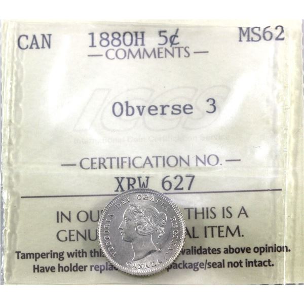 5-cent 1880H Obv. 3 ICCS Certified MS-62!