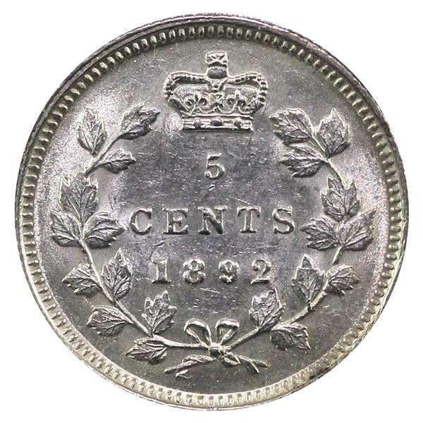 5-cent 1892 in AU-UNC Condition. Bright coin with radiant mint luster throughout.