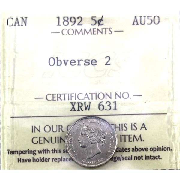 5-cent 1892 Obv.2  ICCS Certified AU-50