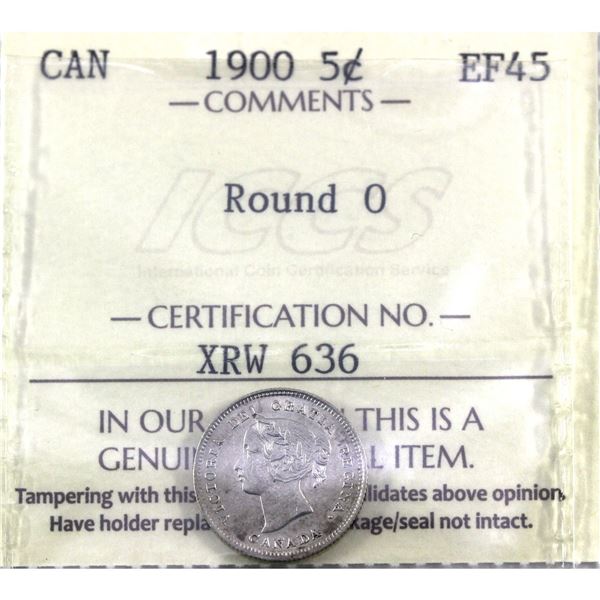 5-cent 1900 Round 0, ICCS Certified EF-45. *Scarce Variety*