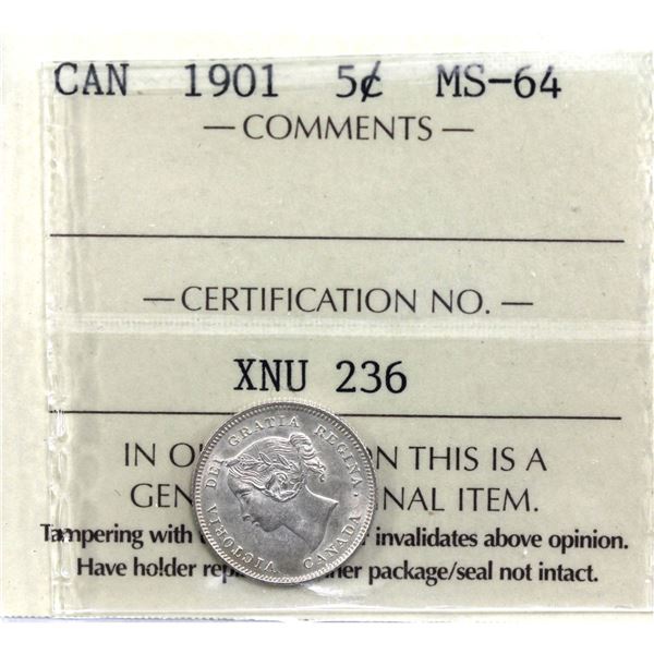 5-cent 1901 ICCS Certified MS-64! A great last year issue Queen Victoria Silver 5-cent