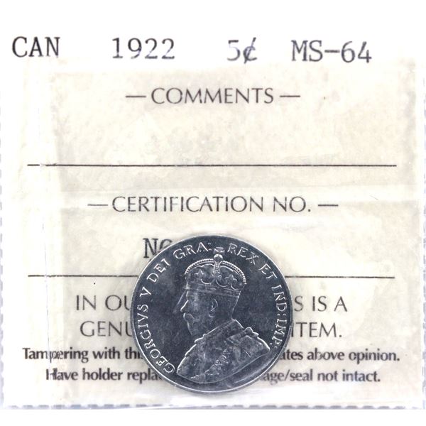 5-cent 1922 Near Rim ICCS Certified MS-64