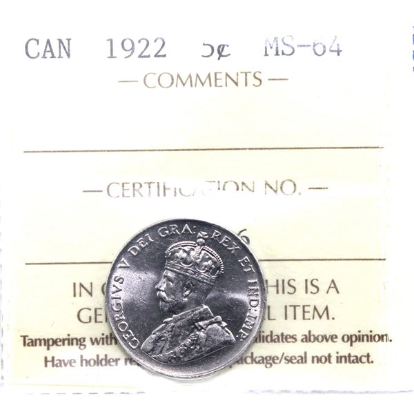 5-cent 1922 Near rim ICCS Certified MS-64.