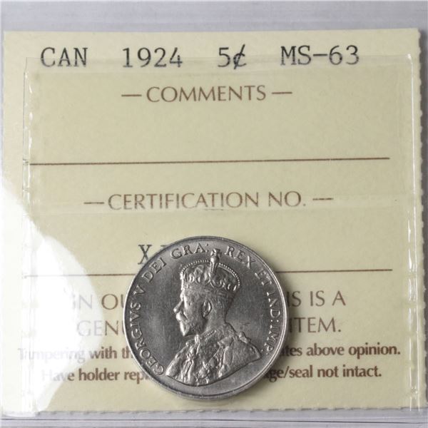 5-cent 1924 ICCS Certified MS-63