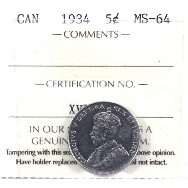 5-cent 1934 ICCS Certified MS-64. A strong Strike coin with exceptional details. LOW POP!