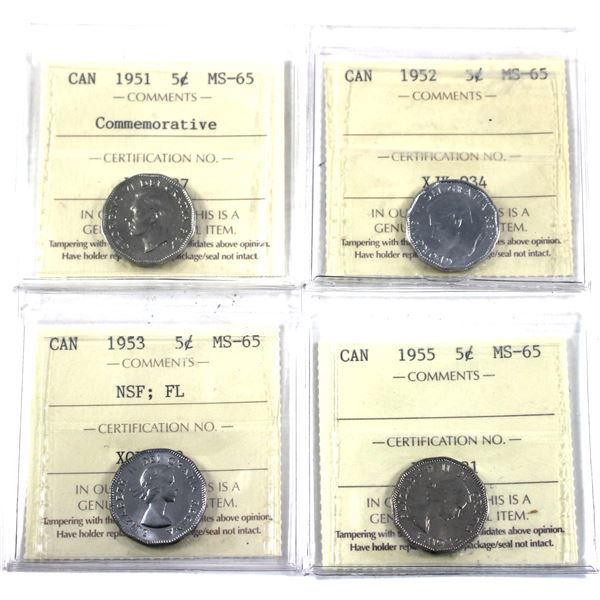 5-cent 1951 commemorative, 1952,1953 NSF FL & 1955 ICCS Certified MS-65. 4pcs