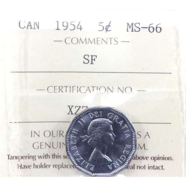 5-cent 1954 Should Fold ICCS Certified MS-66. A nice high grade example of this variety.