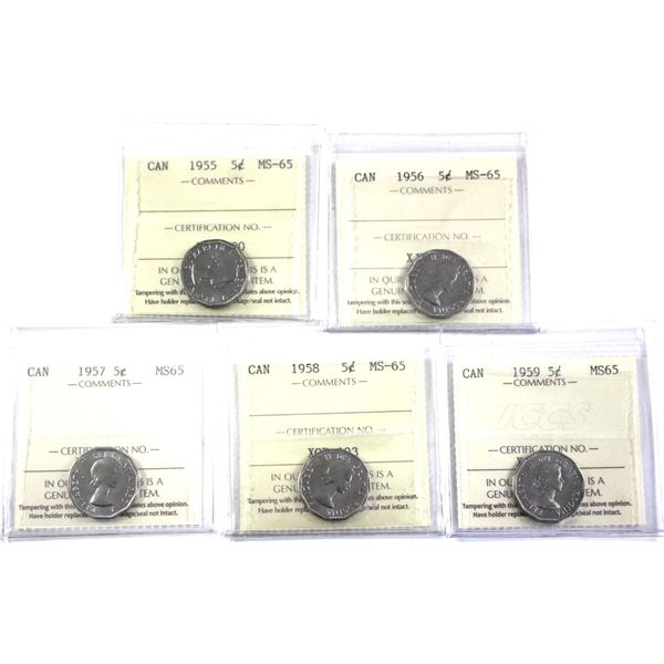 5-cent 1955,1956,1957, 1958 & 1959 ICCS Certified MS-65. 5pcs