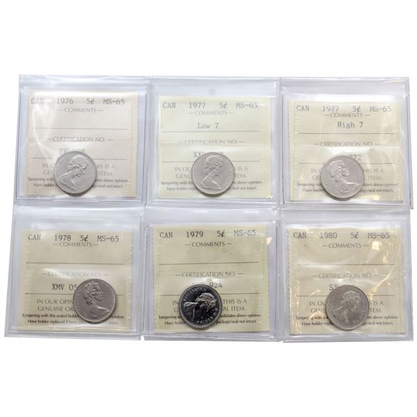 5-cent 1976, 1977 Low 7, 1977 High 7, 1978, 1979 & 1980 ICCS Certified MS-65. 6pcs