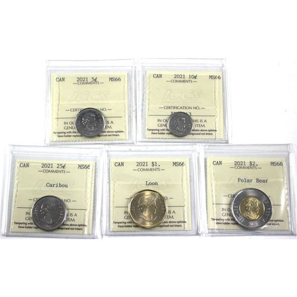 2021 5-cent, 10-cent, 25-cent, $1 & $2 ICCS Certified MS-66. 5pcs