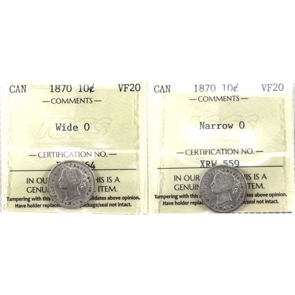 10-cent 1870 Wide & Narrow 0, both  ICCS Certified VF-20. (2pc)