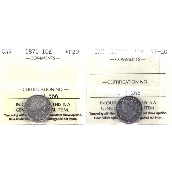 10-cent 1871 & 1871H ICCS Certified VF-20. 2pcs