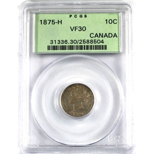 10-cent 1875H PCGS Certified VF-30. In old green label holder. A Nice mid grade example of this key 