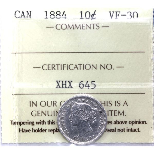 10-cent 1884 ICCS Certified VF-30 *KEY DATE, A nice mid grade example of this highly sought after Vi