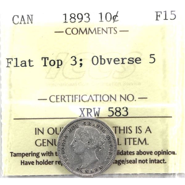 10-cent 1893 Flat Top 3; Obv.5, ICCS Certified F-15.