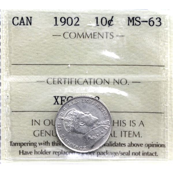 10-cent 1902 ICCS Certified MS-63. A well centered coin with satin finish.