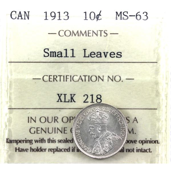 10-cent 1913 Small Leaves,  ICCS Certified MS-63! Eye appeal of a higher grade