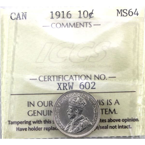 10-cent 1916 ICCS Certified MS-64. Radiant Luster , with great details.