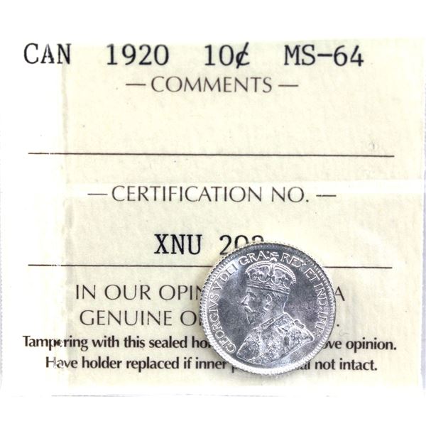 10-cent 1920 ICCS Certified MS-64