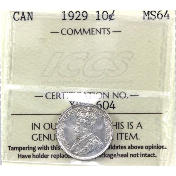 10-cent 1929 ICCS Certified MS-64