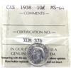 Image 1 : 10-cent 1938 ICCS Certified MS-64. An attractive satin finish with slight hints of Golden toning