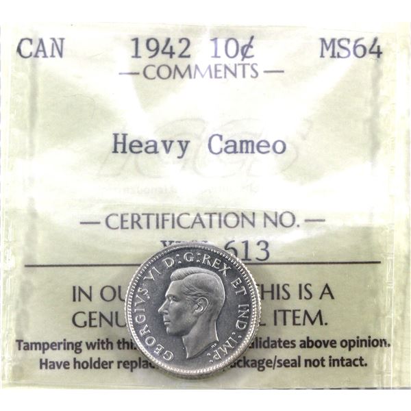 10-cent 1942 ICCS Certified MS-64 Heavy Cameo!