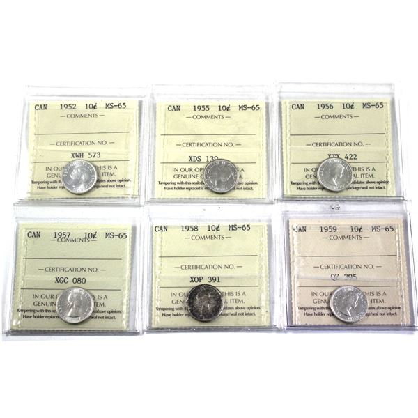 10-cent 1952, 1955,1956,1957,1958 & 1959 ICCS Certified MS-65( 1952 holder has been cut) 6pcs