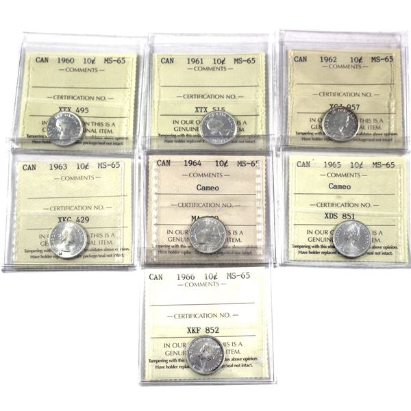 10-cent 1960,1961,1962,1963,1964 Cameo, 1965 Cameo & 1966 ICCS Certified MS-65. 7pcs