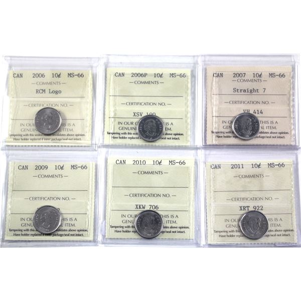 10-cent 2006 RCM Logo, 2006P, 2007 Straight 7, 2009, 2010, & 2011 ICCS Certified MS-66. 6pcs.