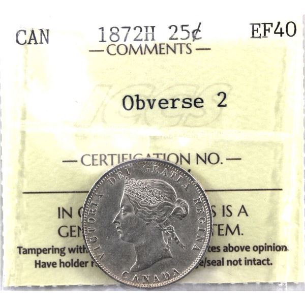 25-cent 1872H Obv.2  ICCS Certified  EF-40