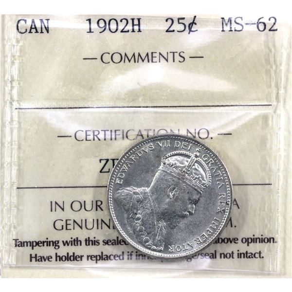 25-cent 1902H ICCS Certified MS-62! A bright flashy coin